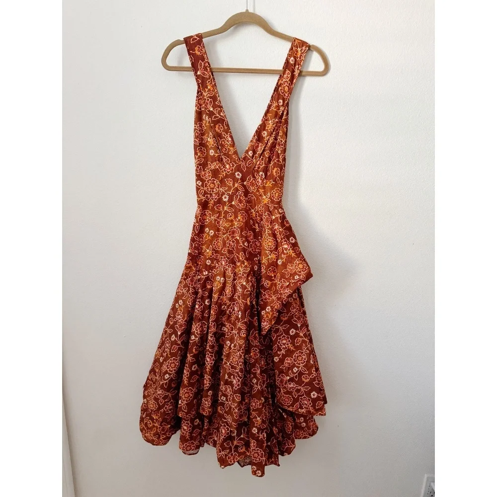 J. Crew Rust Floral Midi Dress with Pink and Cream Accents